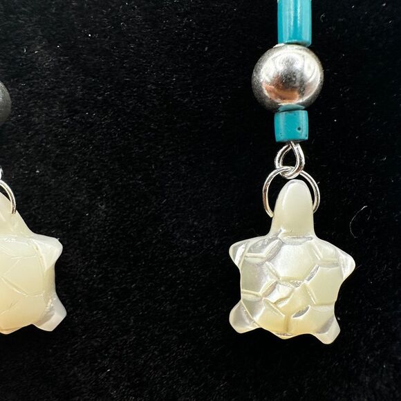 2.25" Revived mother of pearl turtle, turquoise and heishi beaded earrings! - Picture 10 of 12